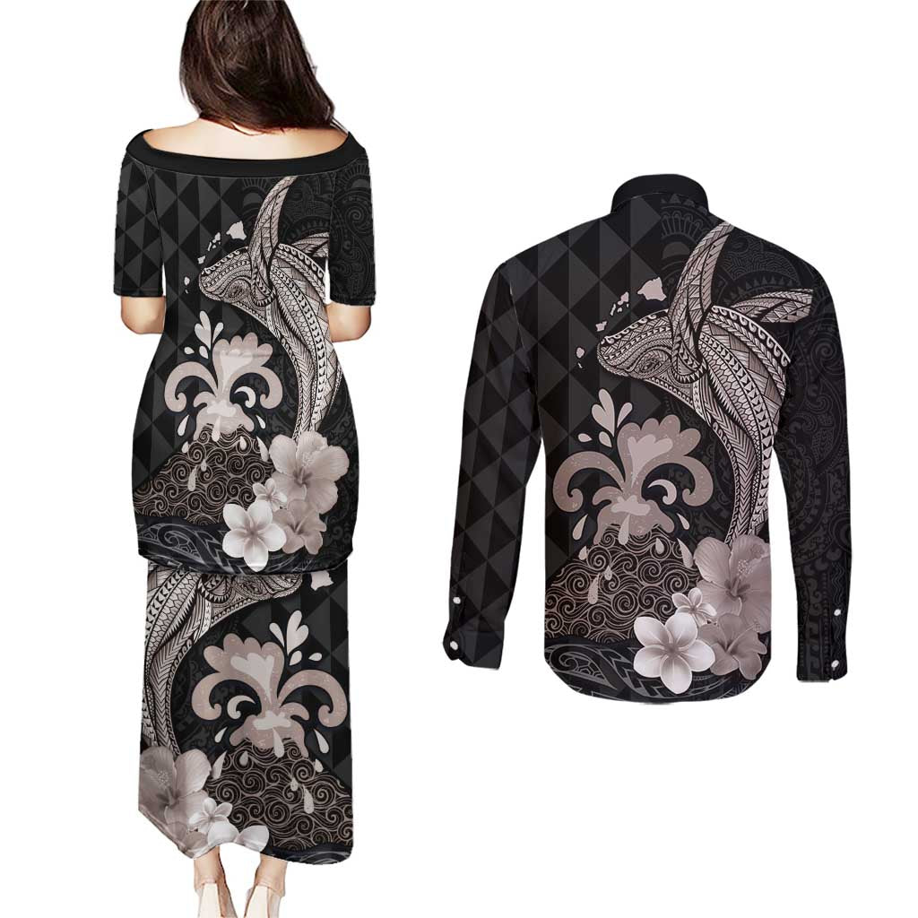 Hawaiian Whale and Volcanic Eruption Couples Matching Puletasi and Long Sleeve Button Shirt Hibiscus and Kakau Pattern Grayscale Color