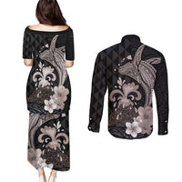 Hawaiian Whale and Volcanic Eruption Couples Matching Puletasi and Long Sleeve Button Shirt Hibiscus and Kakau Pattern Grayscale Color