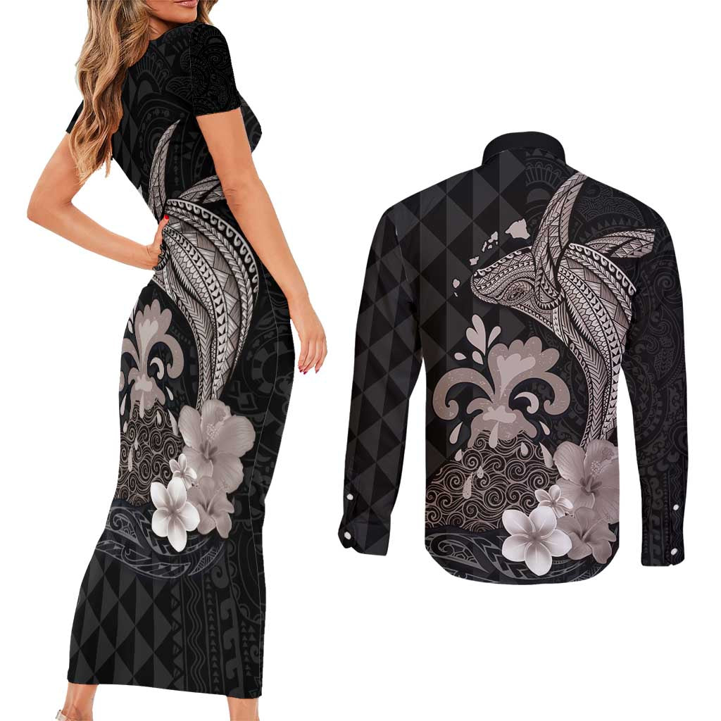 Hawaiian Whale and Volcanic Eruption Couples Matching Short Sleeve Bodycon Dress and Long Sleeve Button Shirt Hibiscus and Kakau Pattern Grayscale Color