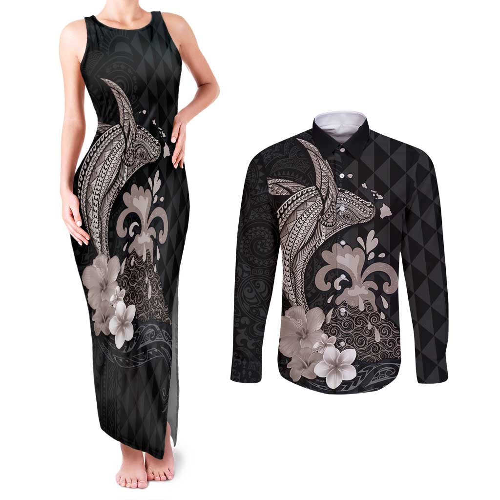 Hawaiian Whale and Volcanic Eruption Couples Matching Tank Maxi Dress and Long Sleeve Button Shirt Hibiscus and Kakau Pattern Grayscale Color