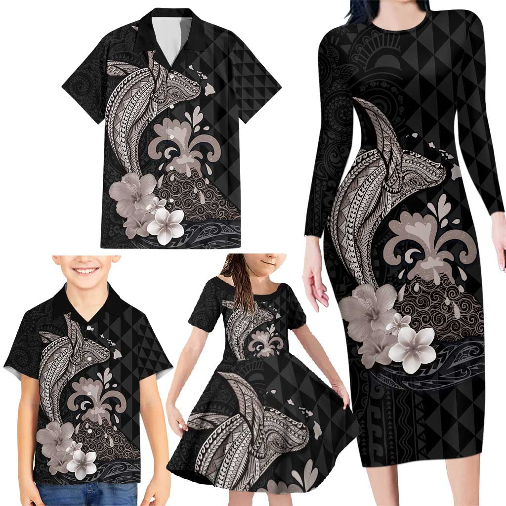 Hawaiian Whale and Volcanic Eruption Family Matching Long Sleeve Bodycon Dress and Hawaiian Shirt Hibiscus and Kakau Pattern Grayscale Color LT03 - Polynesian Pride