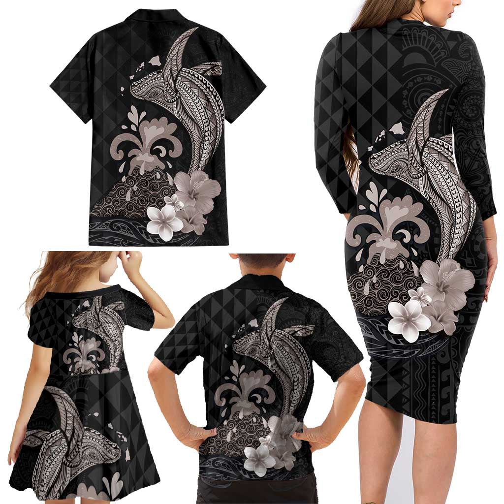 Hawaiian Whale and Volcanic Eruption Family Matching Long Sleeve Bodycon Dress and Hawaiian Shirt Hibiscus and Kakau Pattern Grayscale Color LT03 - Polynesian Pride