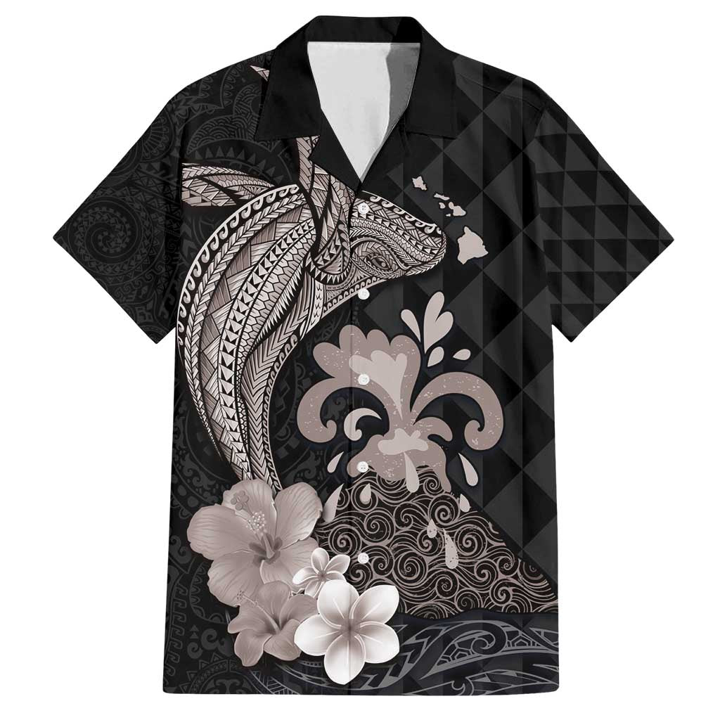Hawaiian Whale and Volcanic Eruption Family Matching Long Sleeve Bodycon Dress and Hawaiian Shirt Hibiscus and Kakau Pattern Grayscale Color LT03 Dad's Shirt - Short Sleeve Black - Polynesian Pride