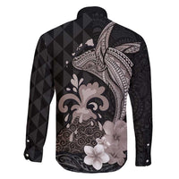 Hawaiian Whale and Volcanic Eruption Family Matching Long Sleeve Bodycon Dress and Hawaiian Shirt Hibiscus and Kakau Pattern Grayscale Color LT03 - Polynesian Pride