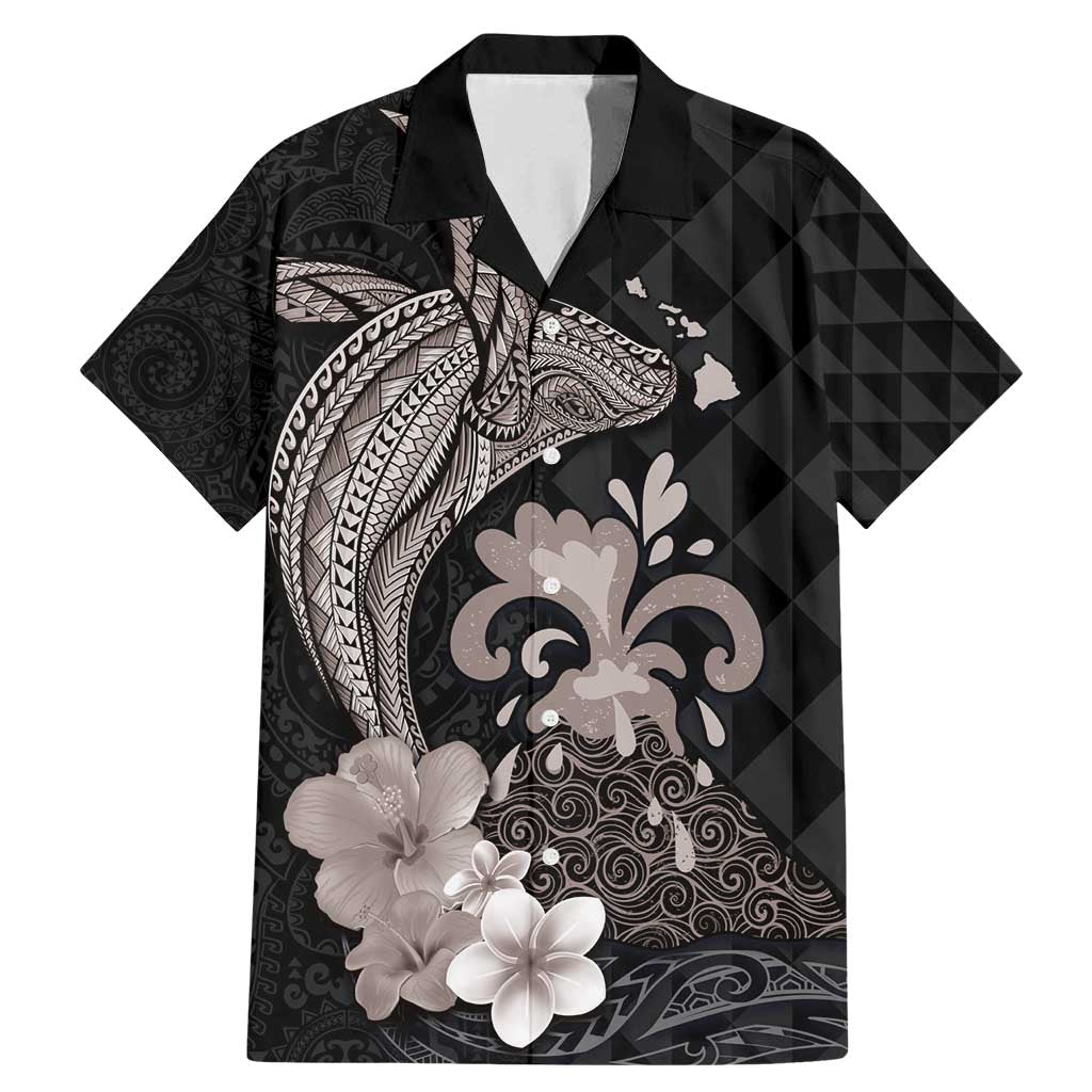Hawaiian Whale and Volcanic Eruption Family Matching Mermaid Dress and Hawaiian Shirt Hibiscus and Kakau Pattern Grayscale Color LT03 Dad's Shirt - Short Sleeve Black - Polynesian Pride