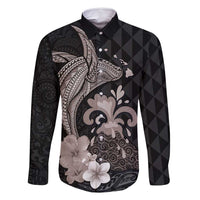 Hawaiian Whale and Volcanic Eruption Family Matching Mermaid Dress and Hawaiian Shirt Hibiscus and Kakau Pattern Grayscale Color LT03 Dad's Shirt - Long Sleeve Black - Polynesian Pride