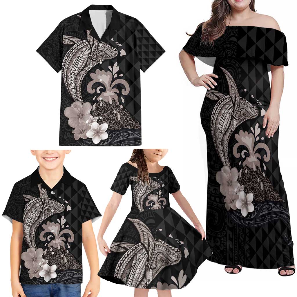 Hawaiian Whale and Volcanic Eruption Family Matching Off Shoulder Maxi Dress and Hawaiian Shirt Hibiscus and Kakau Pattern Grayscale Color LT03 - Polynesian Pride