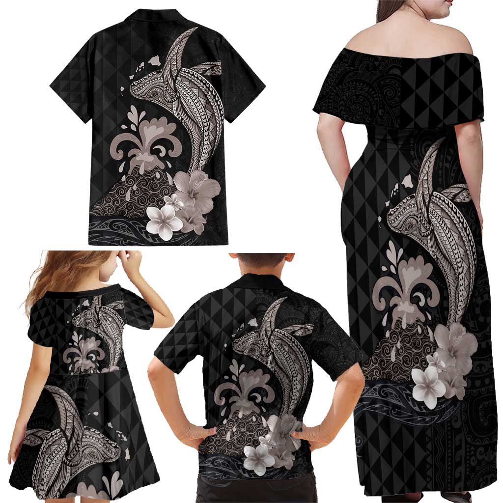Hawaiian Whale and Volcanic Eruption Family Matching Off Shoulder Maxi Dress and Hawaiian Shirt Hibiscus and Kakau Pattern Grayscale Color LT03 - Polynesian Pride