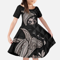 Hawaiian Whale and Volcanic Eruption Family Matching Puletasi and Hawaiian Shirt Hibiscus and Kakau Pattern Grayscale Color