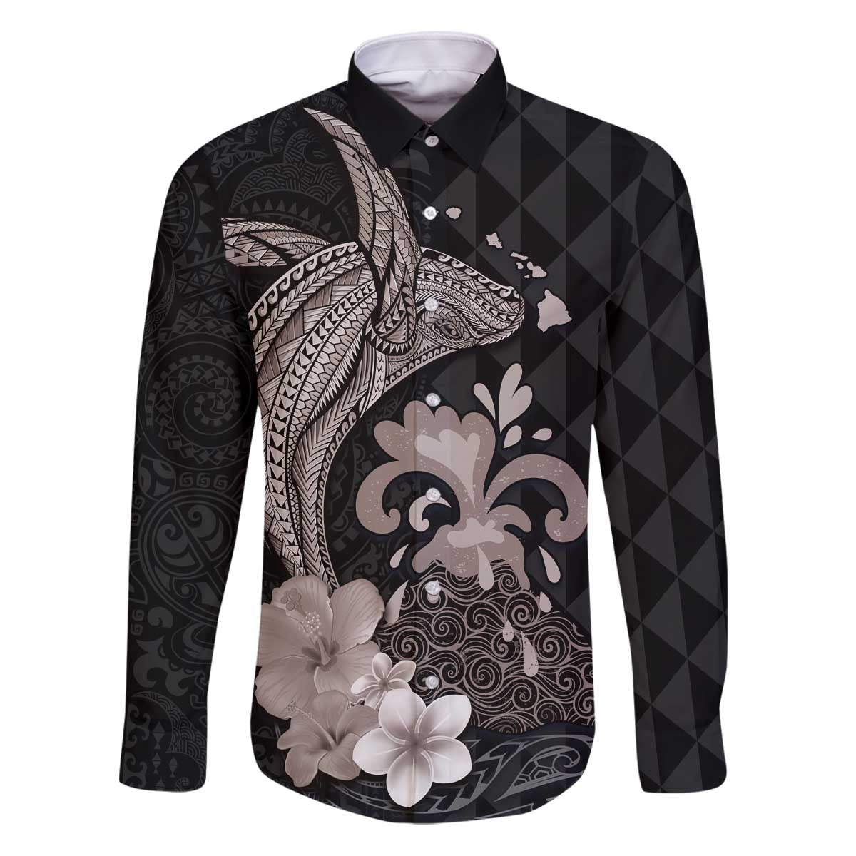 Hawaiian Whale and Volcanic Eruption Family Matching Puletasi and Hawaiian Shirt Hibiscus and Kakau Pattern Grayscale Color