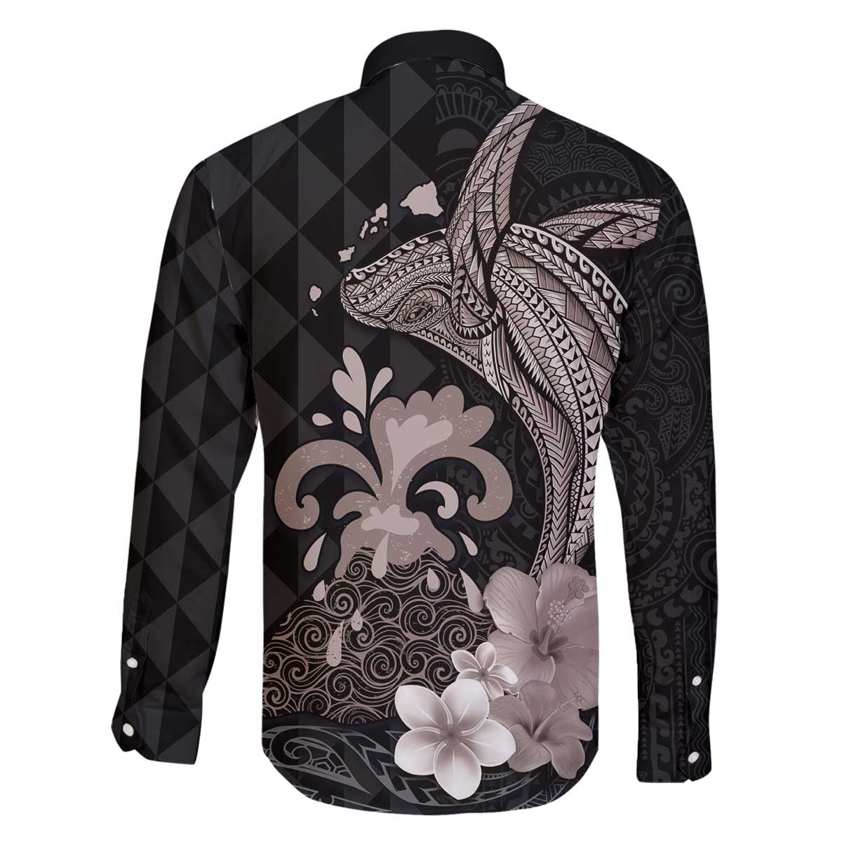 Hawaiian Whale and Volcanic Eruption Family Matching Puletasi and Hawaiian Shirt Hibiscus and Kakau Pattern Grayscale Color