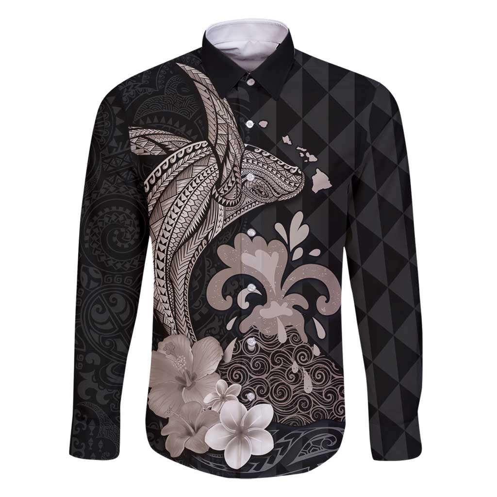 Hawaiian Whale and Volcanic Eruption Family Matching Summer Maxi Dress and Hawaiian Shirt Hibiscus and Kakau Pattern Grayscale Color LT03 Dad's Shirt - Long Sleeve Black - Polynesian Pride