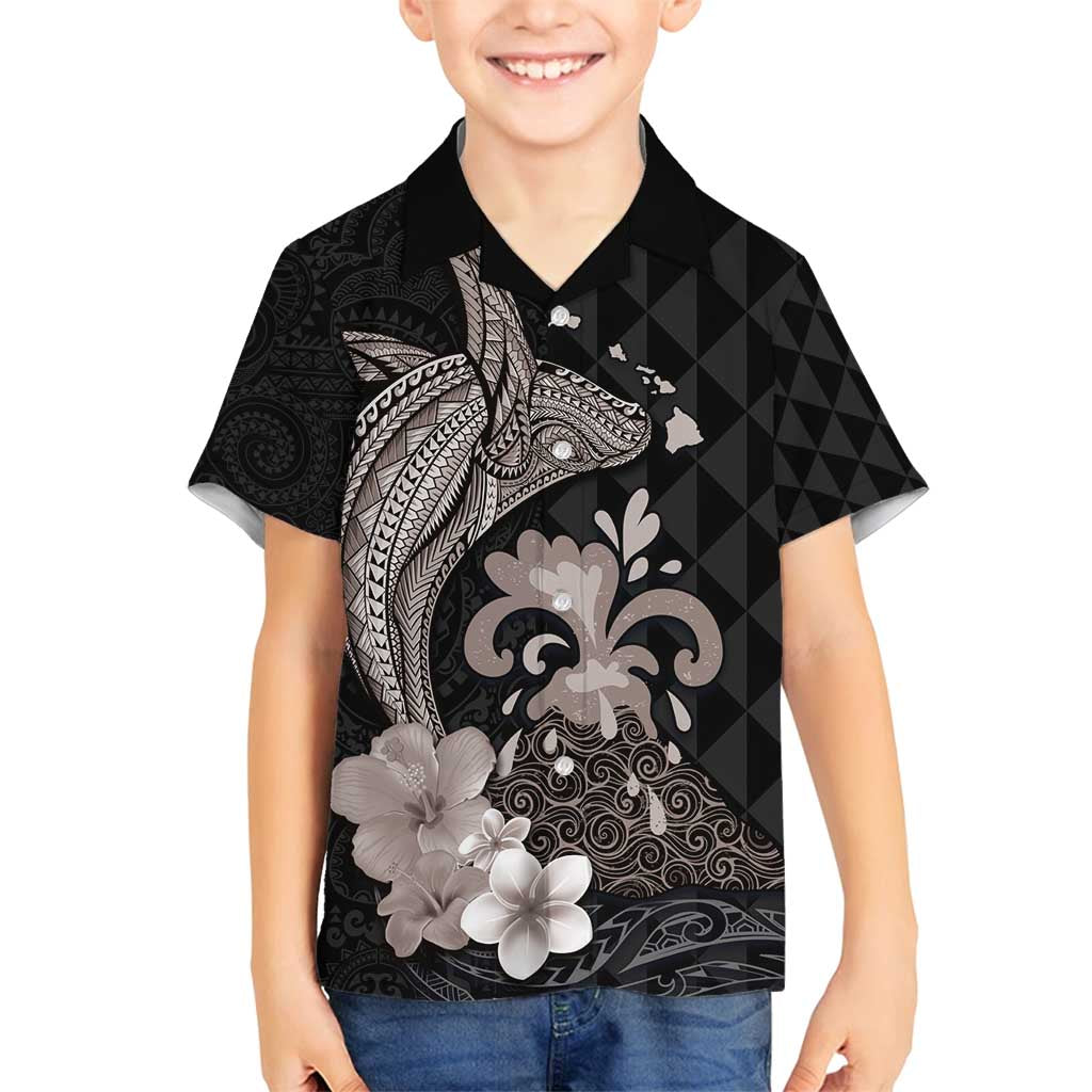 Hawaiian Whale and Volcanic Eruption Family Matching Summer Maxi Dress and Hawaiian Shirt Hibiscus and Kakau Pattern Grayscale Color LT03 Son's Shirt Black - Polynesian Pride