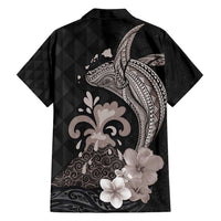 Hawaiian Whale and Volcanic Eruption Family Matching Tank Maxi Dress and Hawaiian Shirt Hibiscus and Kakau Pattern Grayscale Color LT03 - Polynesian Pride
