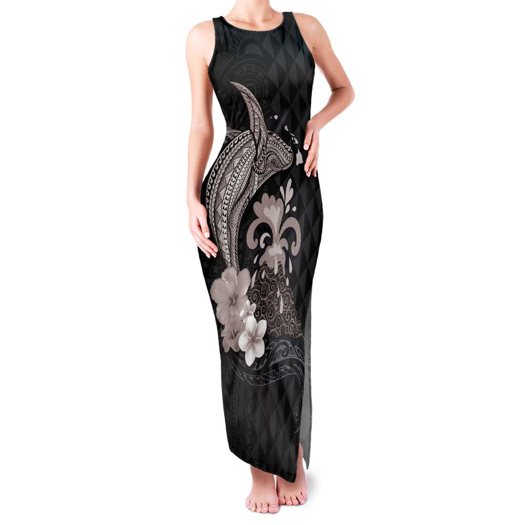 Hawaiian Whale and Volcanic Eruption Family Matching Tank Maxi Dress and Hawaiian Shirt Hibiscus and Kakau Pattern Grayscale Color LT03 Mom's Dress Black - Polynesian Pride