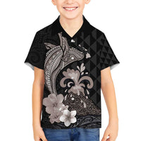 Hawaiian Whale and Volcanic Eruption Family Matching Tank Maxi Dress and Hawaiian Shirt Hibiscus and Kakau Pattern Grayscale Color LT03 Son's Shirt Black - Polynesian Pride