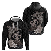 Hawaiian Whale and Volcanic Eruption Hoodie Hibiscus and Kakau Pattern Grayscale Color