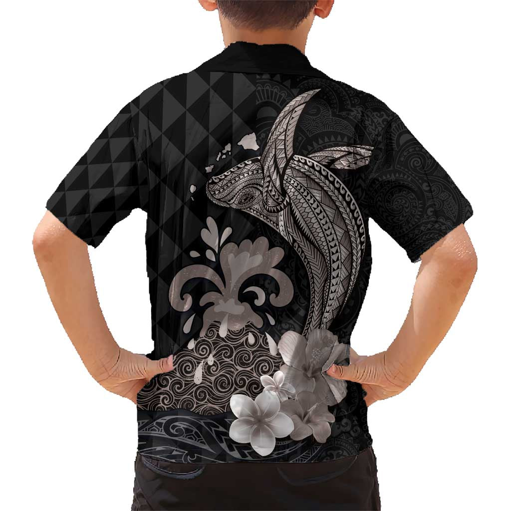 Hawaiian Whale and Volcanic Eruption Kid Hawaiian Shirt Hibiscus and Kakau Pattern Grayscale Color