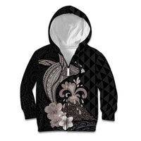 Hawaiian Whale and Volcanic Eruption Kid Hoodie Hibiscus and Kakau Pattern Grayscale Color