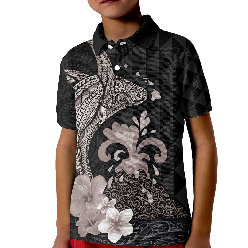 Hawaiian Whale and Volcanic Eruption Kid Polo Shirt Hibiscus and Kakau Pattern Grayscale Color