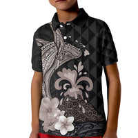 Hawaiian Whale and Volcanic Eruption Kid Polo Shirt Hibiscus and Kakau Pattern Grayscale Color