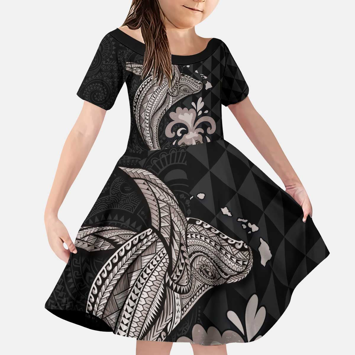 Hawaiian Whale and Volcanic Eruption Kid Short Sleeve Dress Hibiscus and Kakau Pattern Grayscale Color