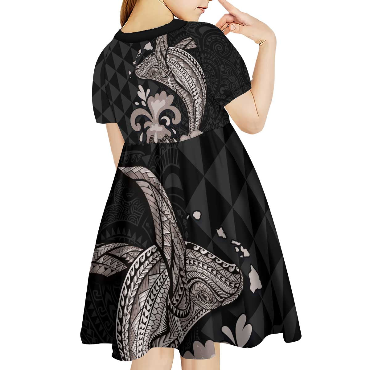 Hawaiian Whale and Volcanic Eruption Kid Short Sleeve Dress Hibiscus and Kakau Pattern Grayscale Color