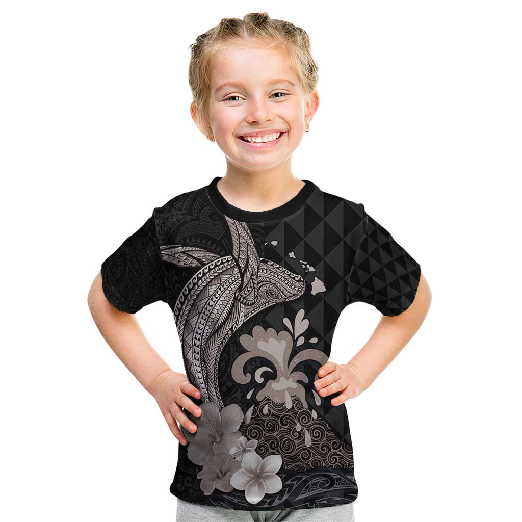 Hawaiian Whale and Volcanic Eruption Kid T Shirt Hibiscus and Kakau Pattern Grayscale Color