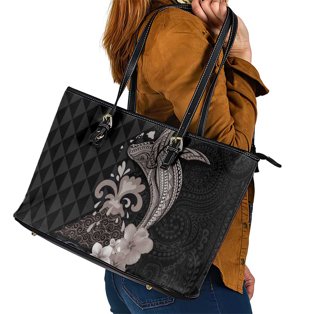 Hawaiian Whale and Volcanic Eruption Leather Tote Bag Hibiscus and Kakau Pattern Grayscale Color