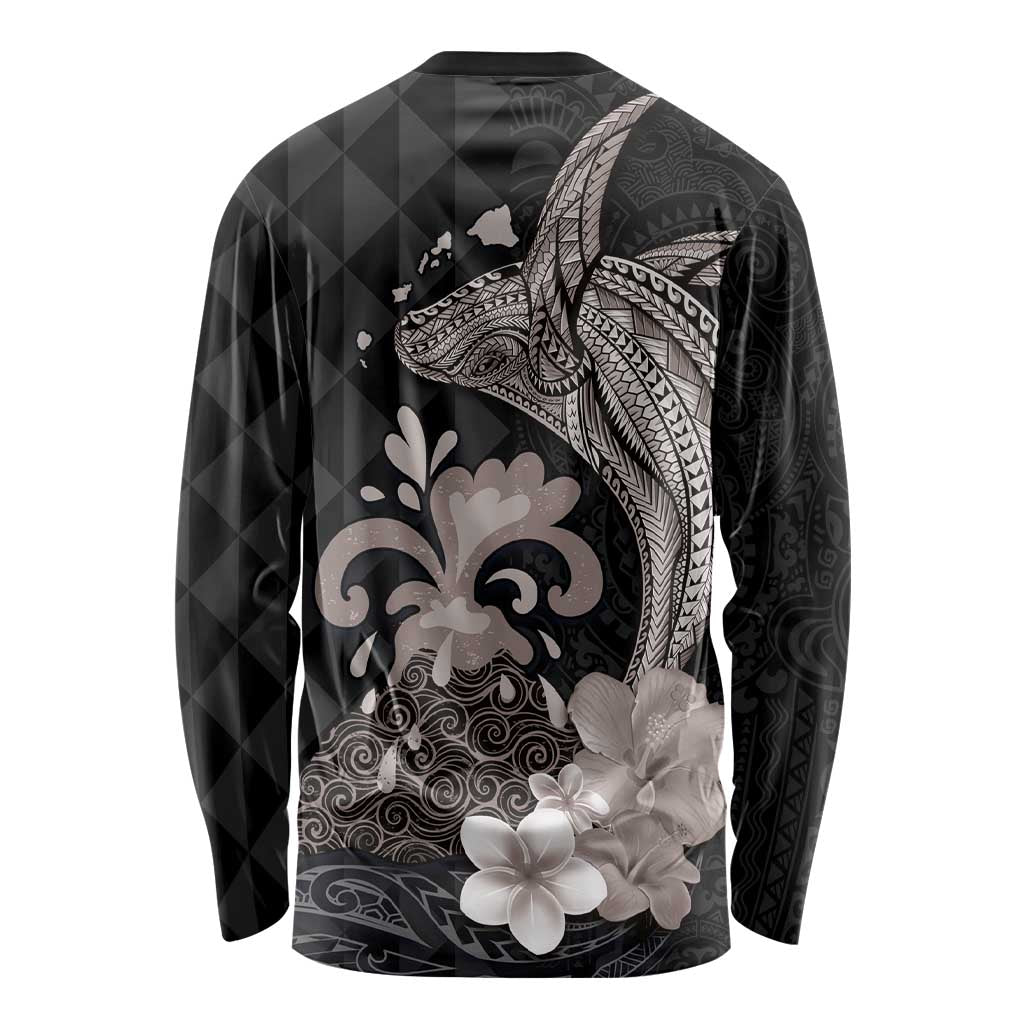 Hawaiian Whale and Volcanic Eruption Long Sleeve Shirt Hibiscus and Kakau Pattern Grayscale Color