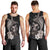 Hawaiian Whale and Volcanic Eruption Men Tank Top Hibiscus and Kakau Pattern Grayscale Color