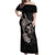 Hawaiian Whale and Volcanic Eruption Off Shoulder Maxi Dress Hibiscus and Kakau Pattern Grayscale Color