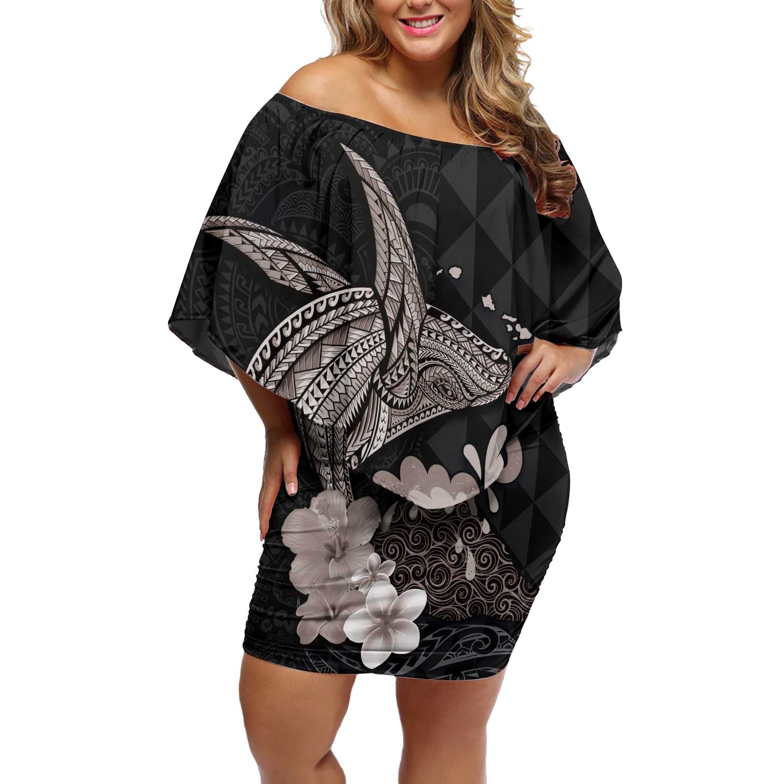 Hawaiian Whale and Volcanic Eruption Off Shoulder Short Dress Hibiscus and Kakau Pattern Grayscale Color