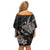 Hawaiian Whale and Volcanic Eruption Off Shoulder Short Dress Hibiscus and Kakau Pattern Grayscale Color