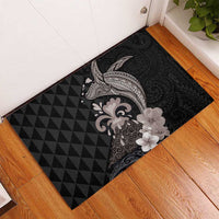 Hawaiian Whale and Volcanic Eruption Rubber Doormat Hibiscus and Kakau Pattern Grayscale Color