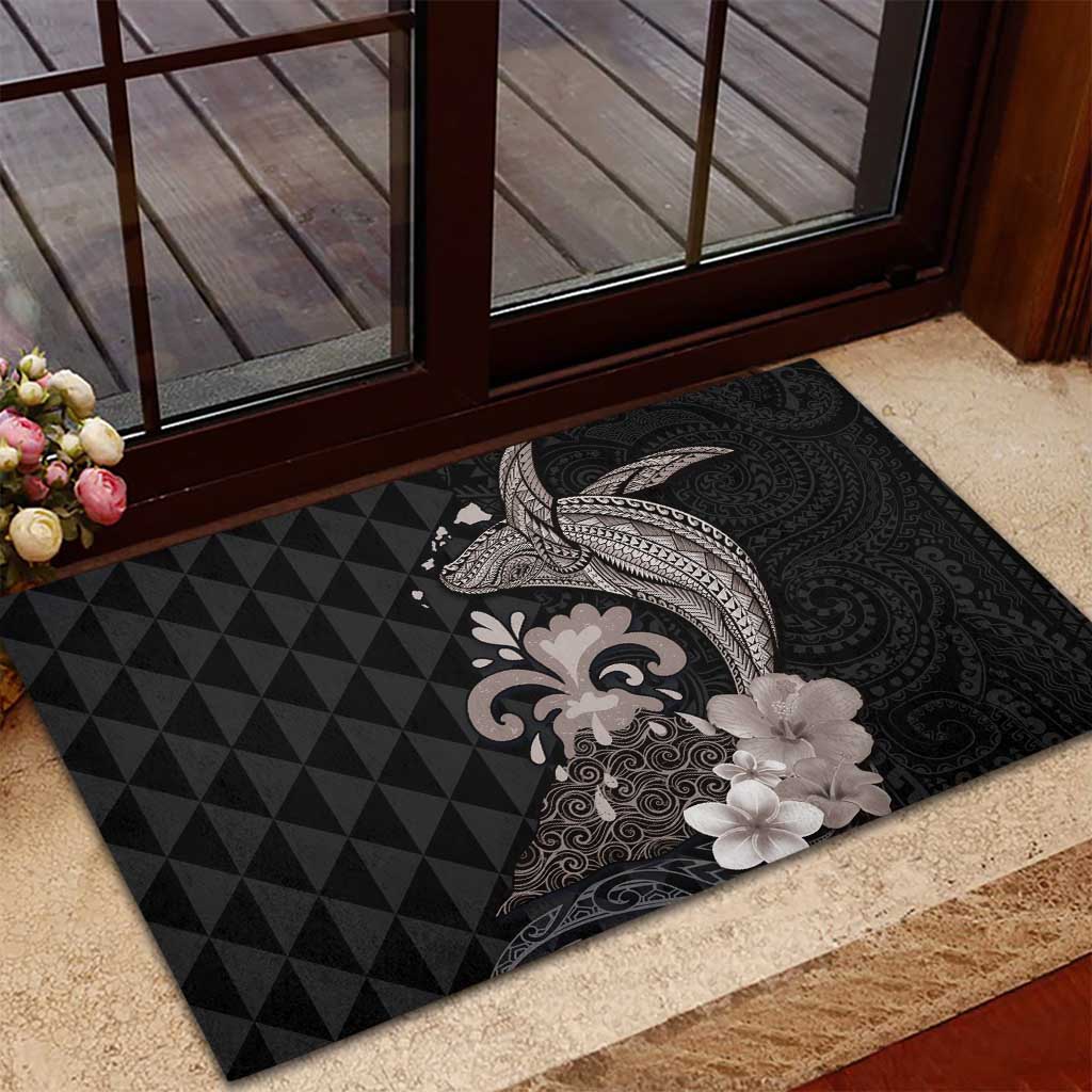 Hawaiian Whale and Volcanic Eruption Rubber Doormat Hibiscus and Kakau Pattern Grayscale Color