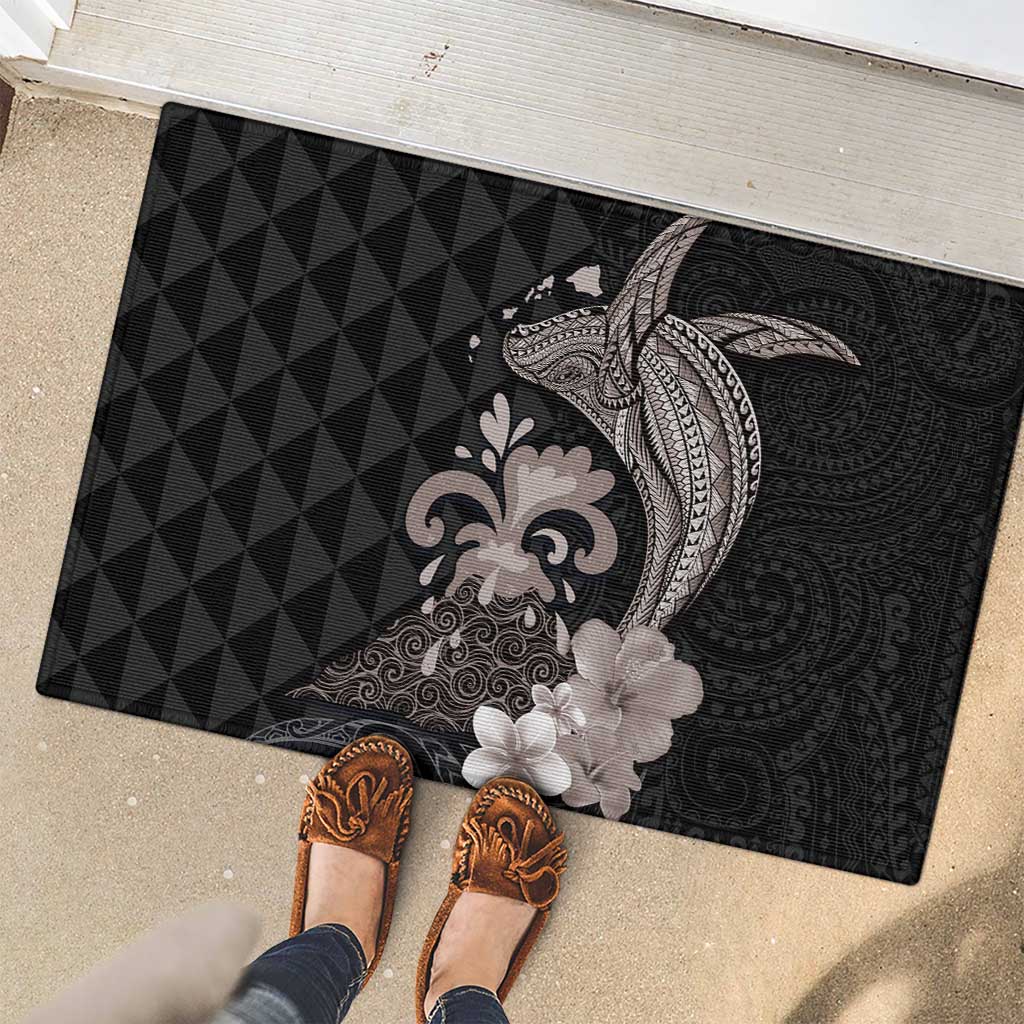 Hawaiian Whale and Volcanic Eruption Rubber Doormat Hibiscus and Kakau Pattern Grayscale Color