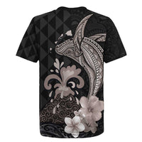 Hawaiian Whale and Volcanic Eruption Rugby Jersey Hibiscus and Kakau Pattern Grayscale Color