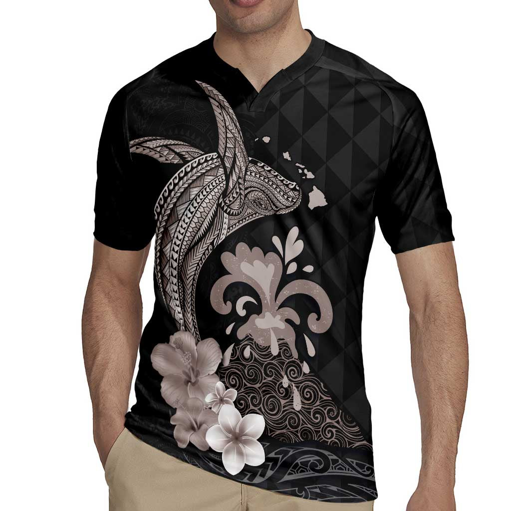 Hawaiian Whale and Volcanic Eruption Rugby Jersey Hibiscus and Kakau Pattern Grayscale Color