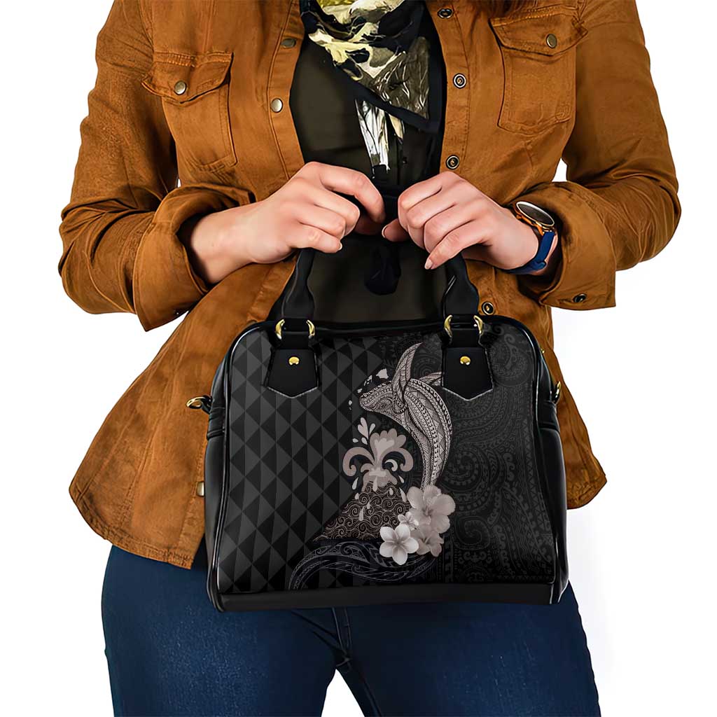Hawaiian Whale and Volcanic Eruption Shoulder Handbag Hibiscus and Kakau Pattern Grayscale Color