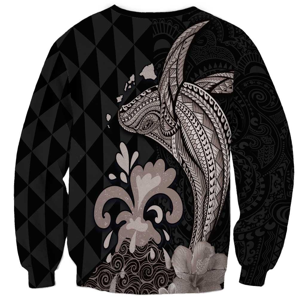 Hawaiian Whale and Volcanic Eruption Sweatshirt Hibiscus and Kakau Pattern Grayscale Color