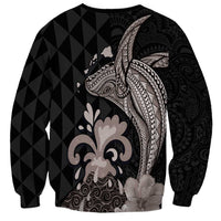 Hawaiian Whale and Volcanic Eruption Sweatshirt Hibiscus and Kakau Pattern Grayscale Color