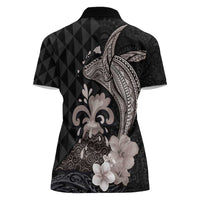 Hawaiian Whale and Volcanic Eruption Women Polo Shirt Hibiscus and Kakau Pattern Grayscale Color