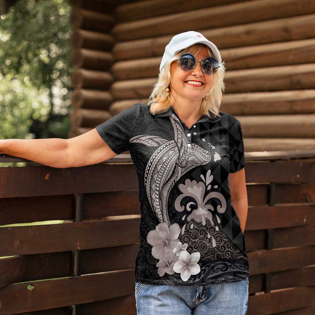 Hawaiian Whale and Volcanic Eruption Women Polo Shirt Hibiscus and Kakau Pattern Grayscale Color