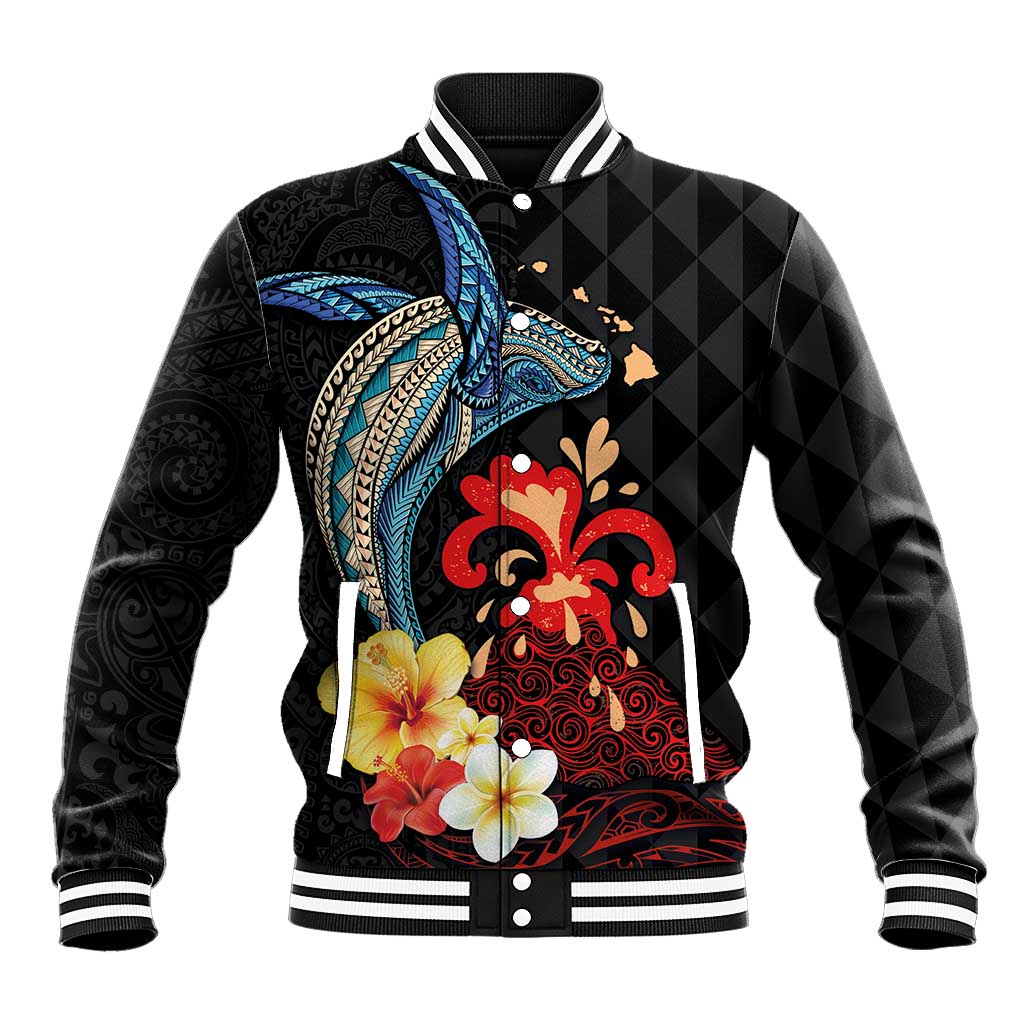 Hawaiian Whale and Volcanic Eruption Baseball Jacket Hibiscus and Kakau Pattern