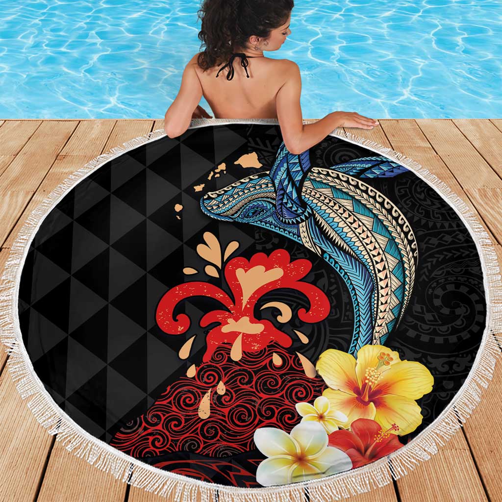 Hawaiian Whale and Volcanic Eruption Beach Blanket Hibiscus and Kakau Pattern LT03 - Polynesian Pride