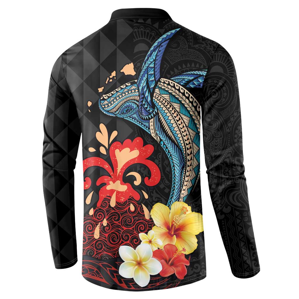 Hawaiian Whale and Volcanic Eruption Button Sweatshirt Hibiscus and Kakau Pattern