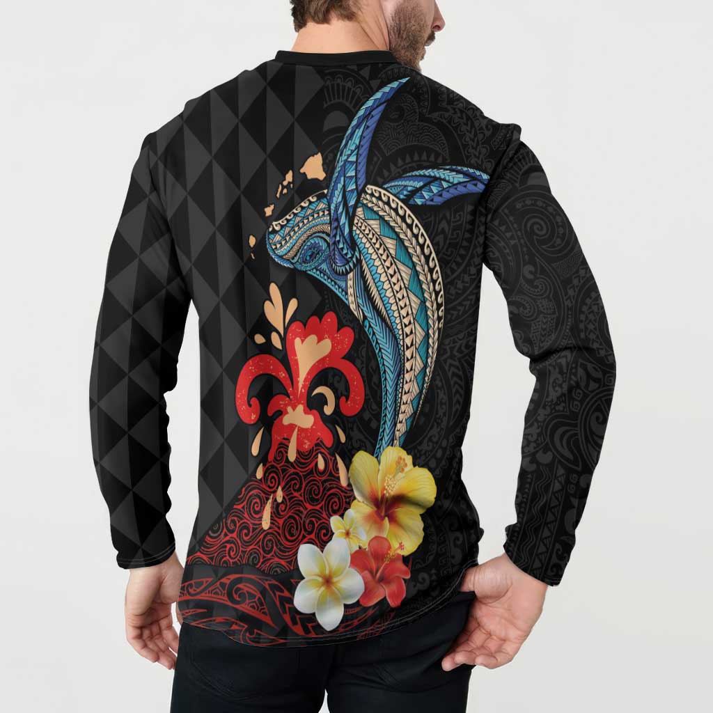 Hawaiian Whale and Volcanic Eruption Button Sweatshirt Hibiscus and Kakau Pattern