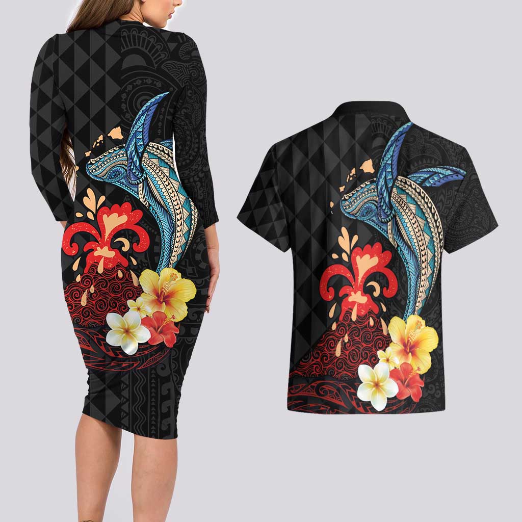 Hawaiian Whale and Volcanic Eruption Couples Matching Long Sleeve Bodycon Dress and Hawaiian Shirt Hibiscus and Kakau Pattern LT03 - Polynesian Pride