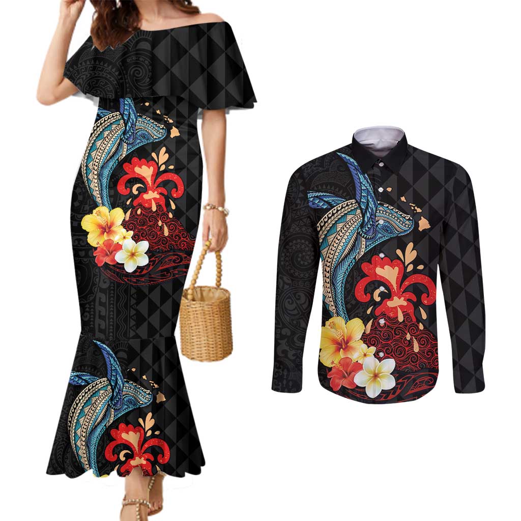Hawaiian Whale and Volcanic Eruption Couples Matching Mermaid Dress and Long Sleeve Button Shirt Hibiscus and Kakau Pattern
